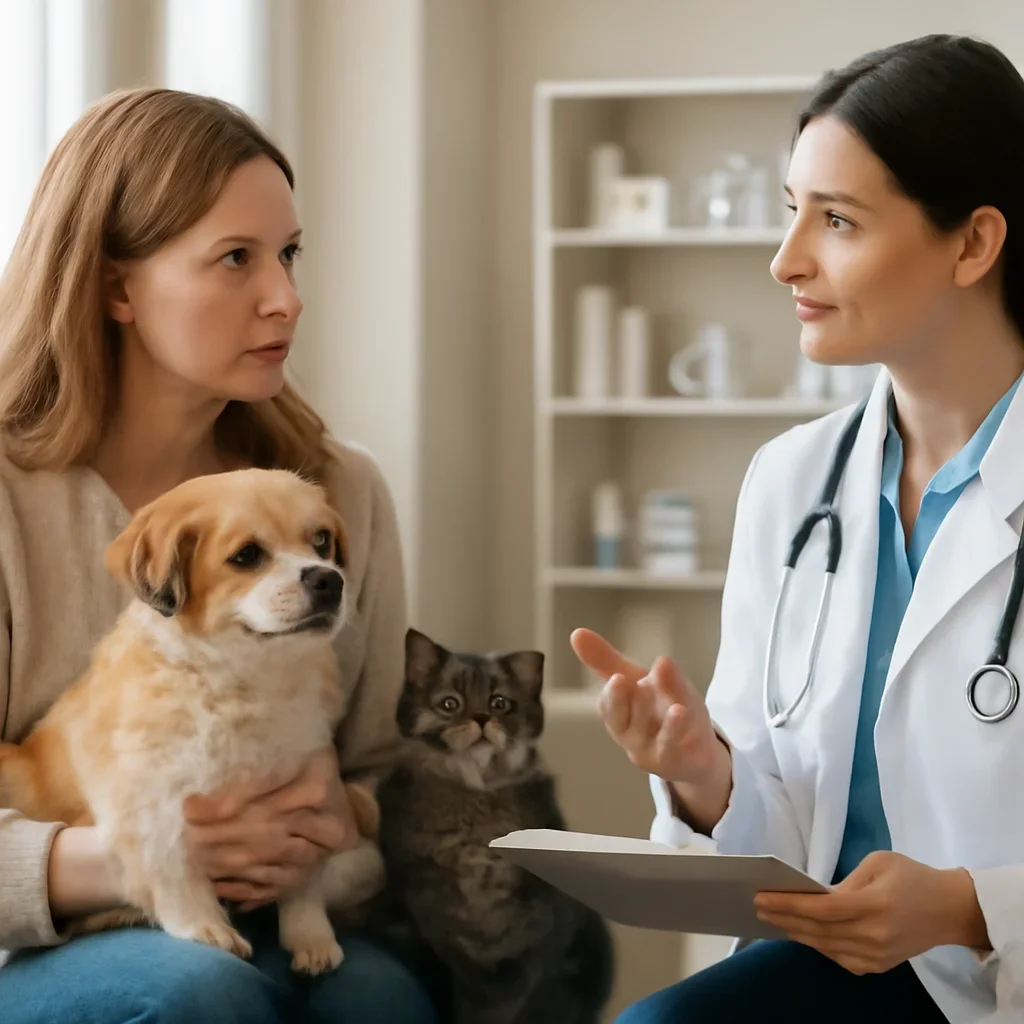 Winnipeg pet owner discussing insurance and veterinary costs with a veterinarian