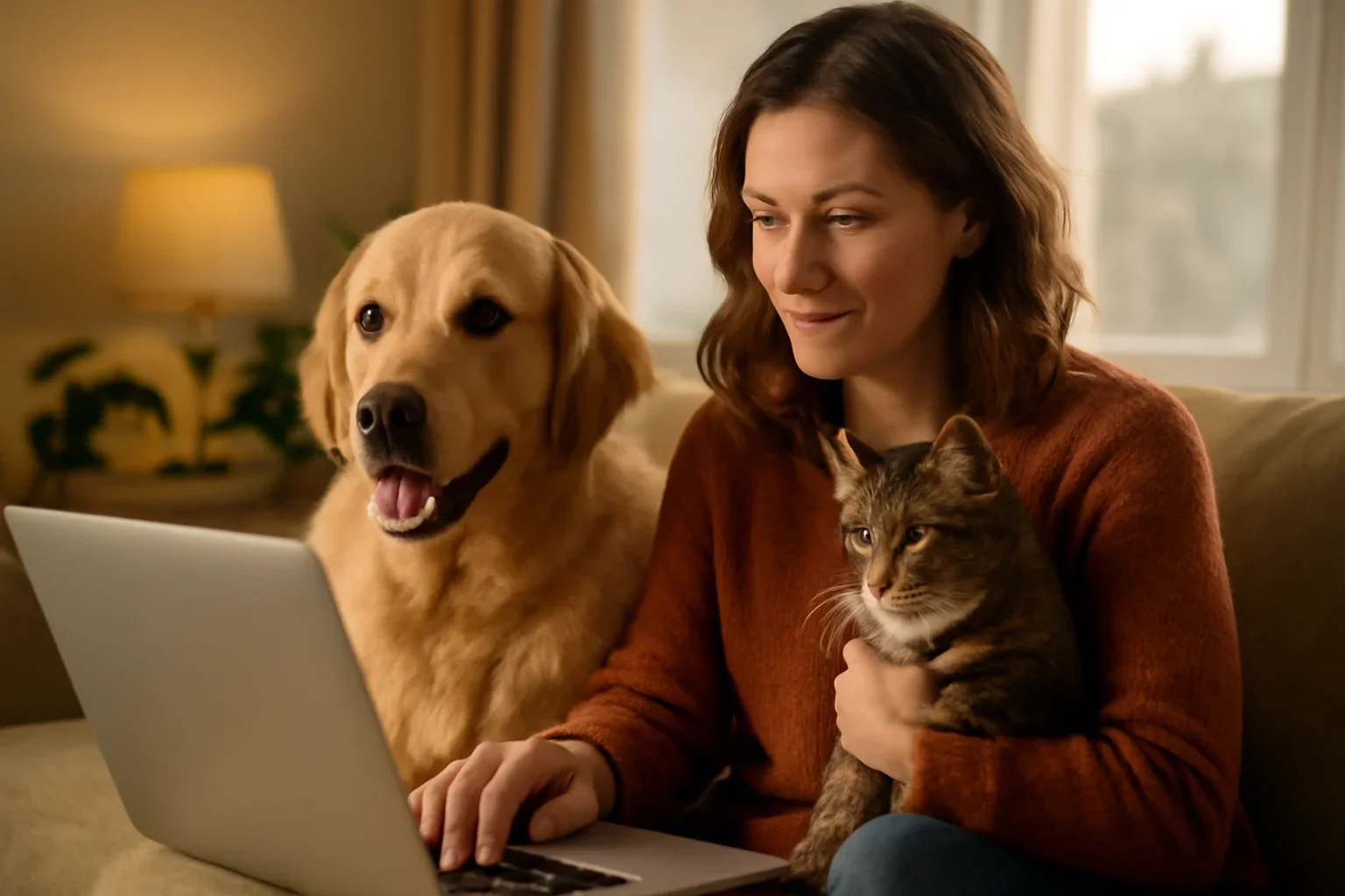 Winnipeg pet owner comparing insurance options for a dog and cat at home