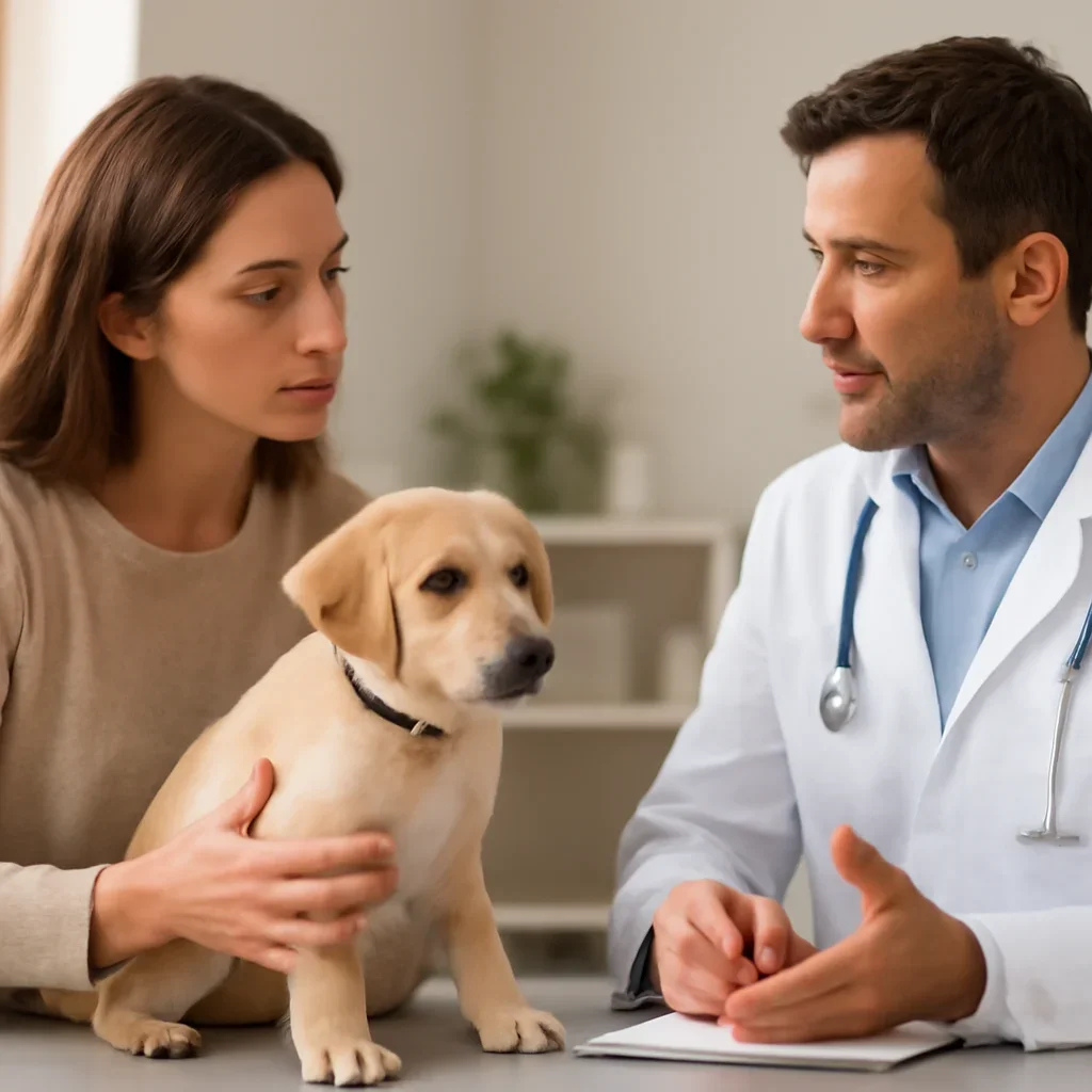 British Columbia puppy owner discussing insurance and early veterinary care with a veterinarian