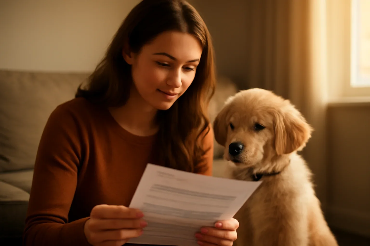 Canadian puppy owner comparing pet insurance plans at home