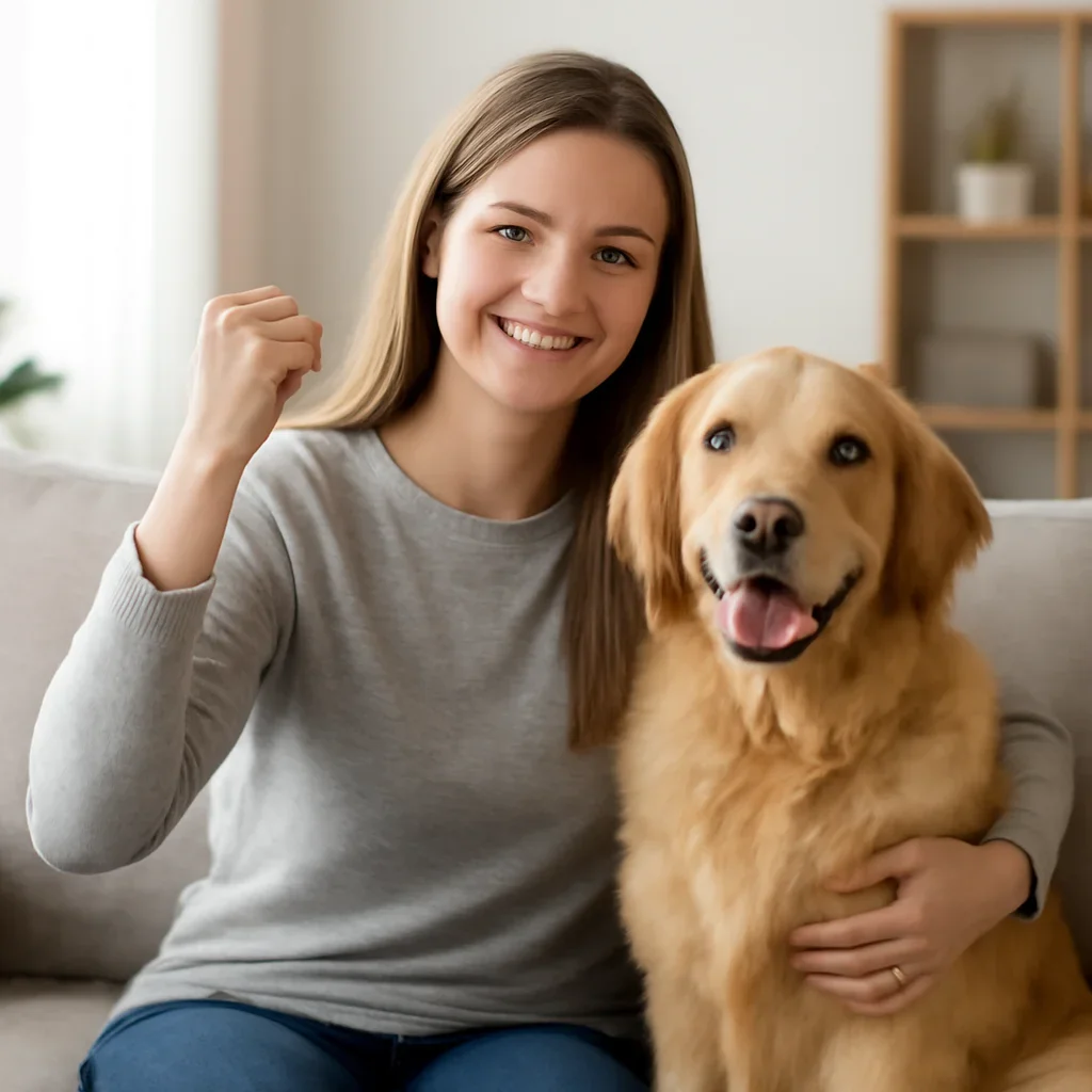 Pet owner with a pet after reviewing insurance options