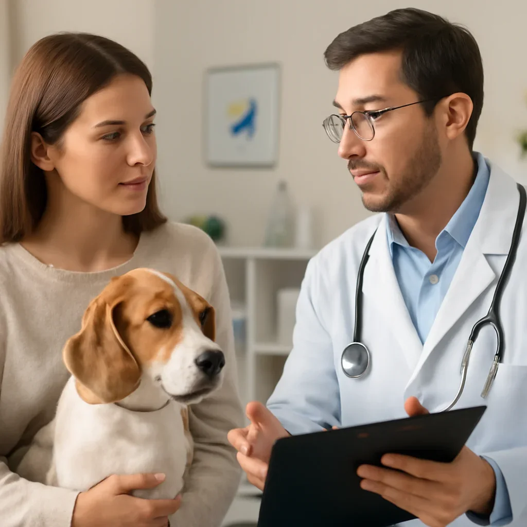 Pet owner asking a veterinarian about treatment estimates and insurance