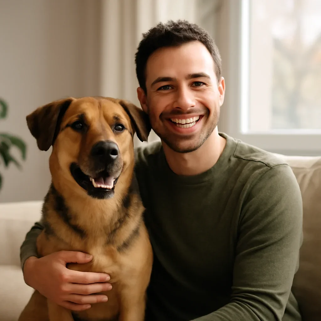 Pet owner with a pet after comparing insurance information