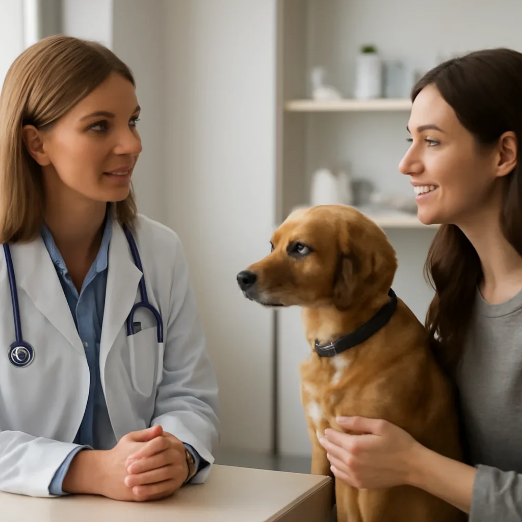 Pet owner discussing veterinary care and insurance documents
