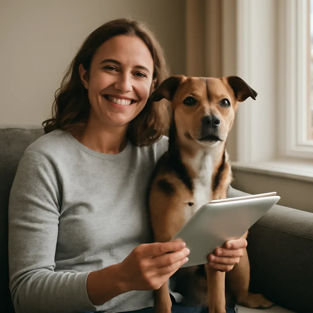 Pet owner with a pet after reviewing insurance information
