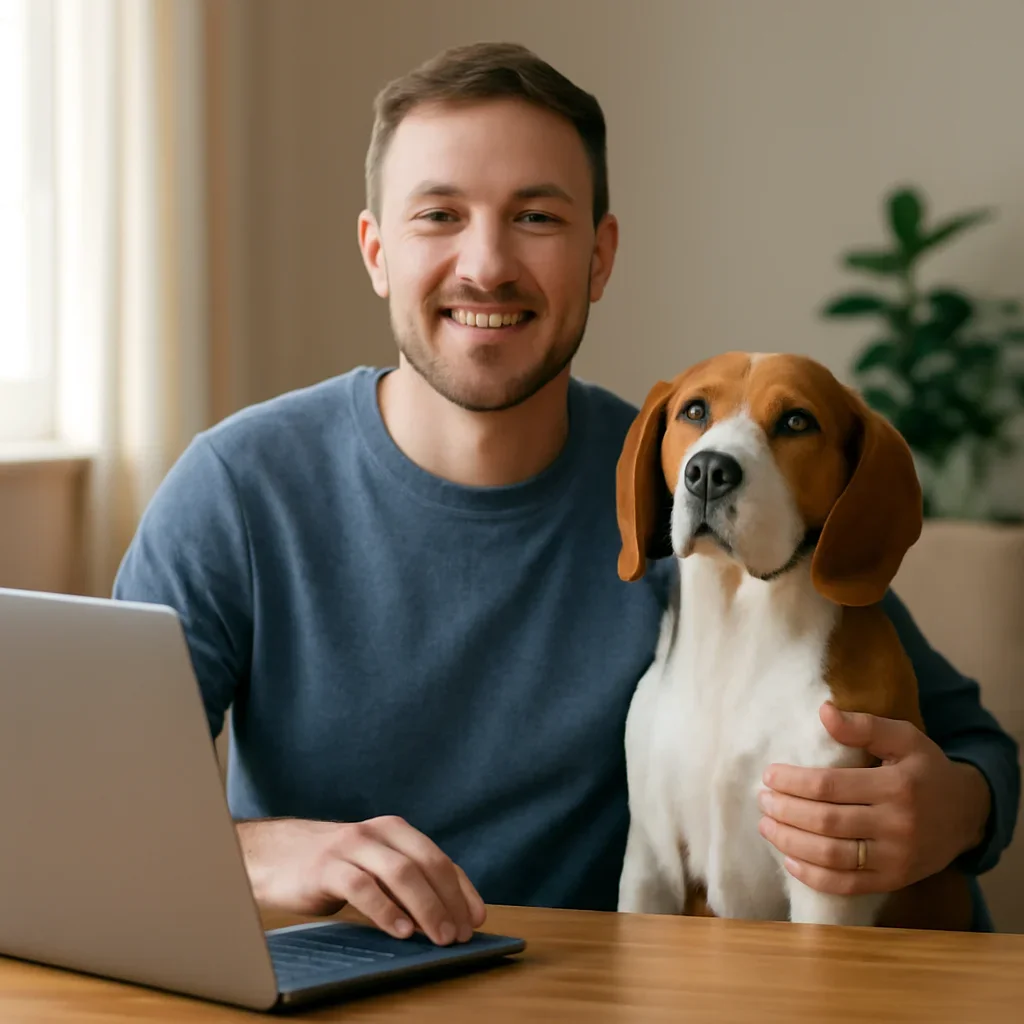Pet owner with a pet after reviewing insurance documents
