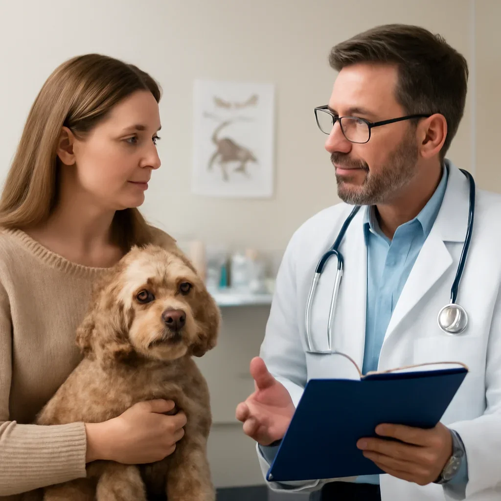 Pet owner discussing treatment and insurance questions with a veterinarian
