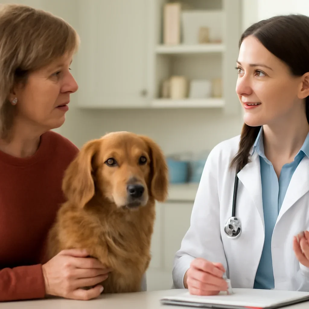 Pet owner talking with a veterinarian about care and insurance