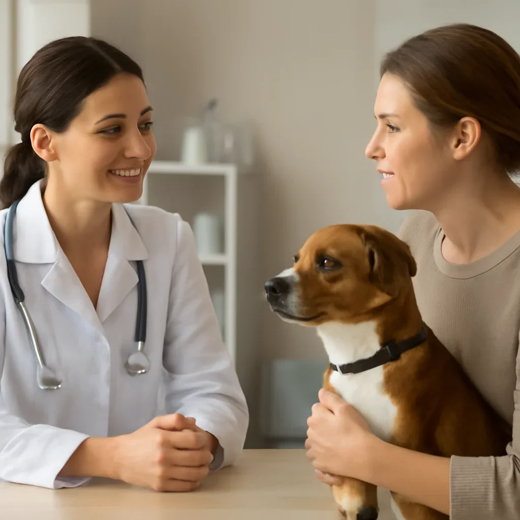 Canadian pet owner discussing Spot Pet Insurance policy questions with a veterinarian