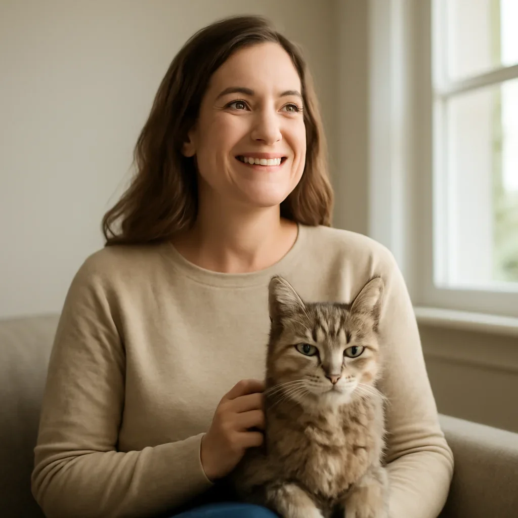 Canadian owner confidently reviewing senior cat insurance options and veterinary records