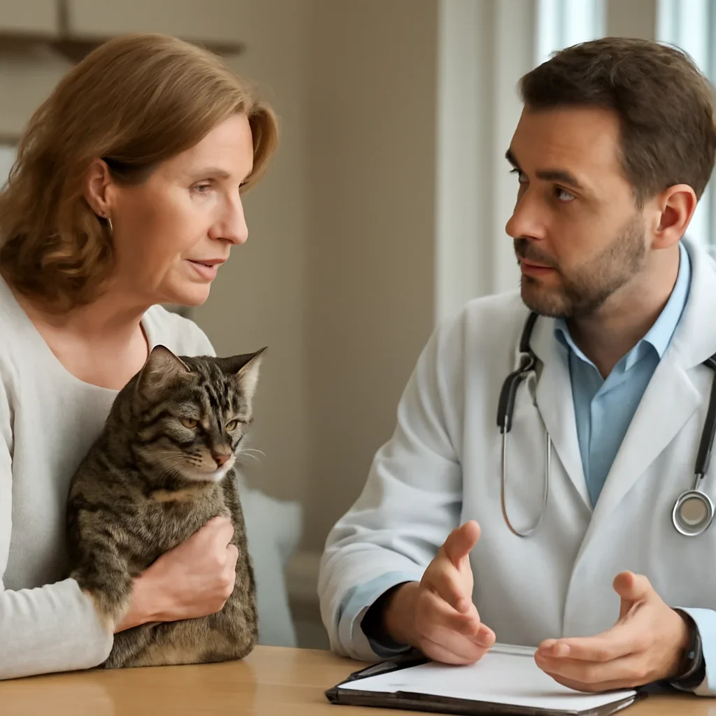 Senior cat owner reviewing veterinary records and insurance questions with a veterinarian